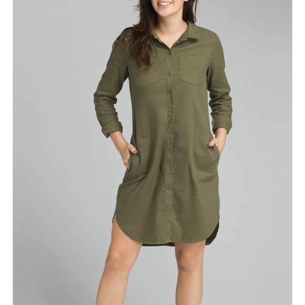 Prana Yarrow Button Down Shirt Dress Women XS Olive Green Long Sleeve Pocket
